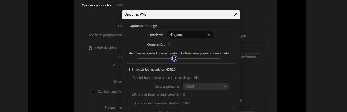 Opciones PNG con Compresión establecida en 4 en un regulador entre archivos más grandes/rápidos y más pequeños/lentos.