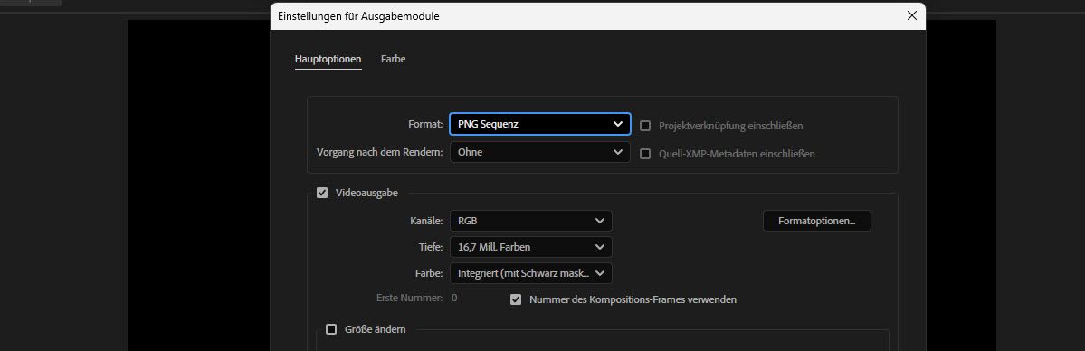 Ausgabemoduleinstellungen mit Format auf PNG-Sequenz und Video-Ausgabeoptionen darunter.