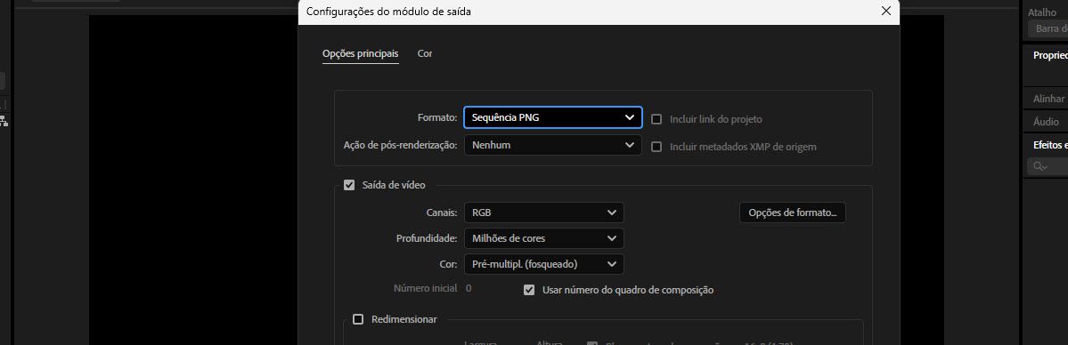 Configurações do módulo de saída com formato definido como sequência PNG e opções de saída de vídeo abaixo.