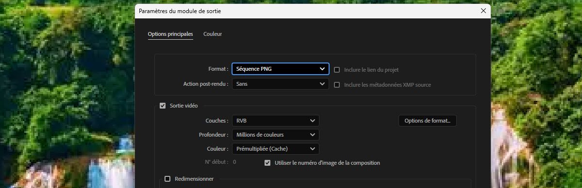 Paramètres du module de sortie avec le format défini sur Séquence PNG et les options Sortie vidéo en dessous.