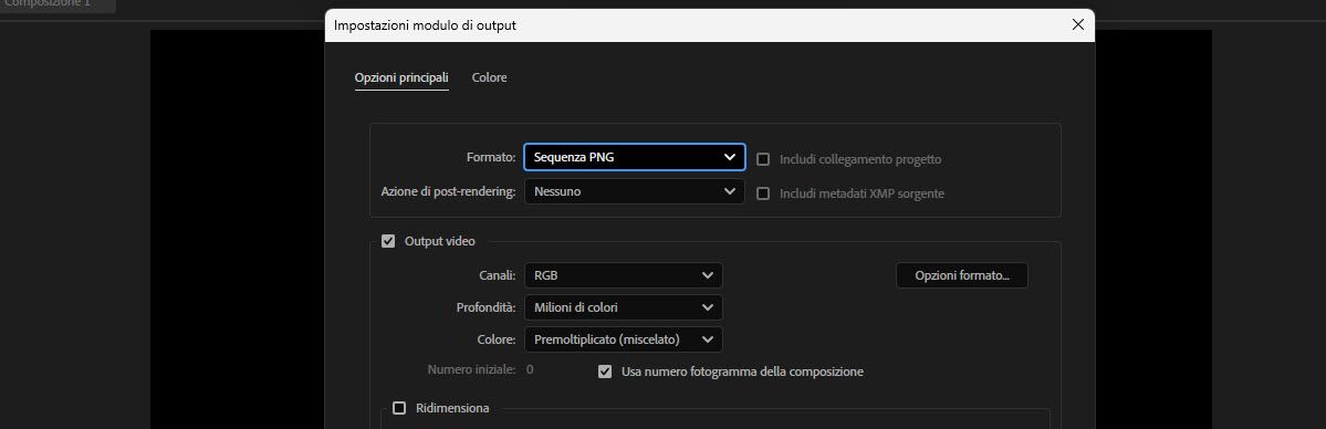 Impostazioni modulo di output con Formato impostato su Sequenza PNG e opzioni Output video sotto.