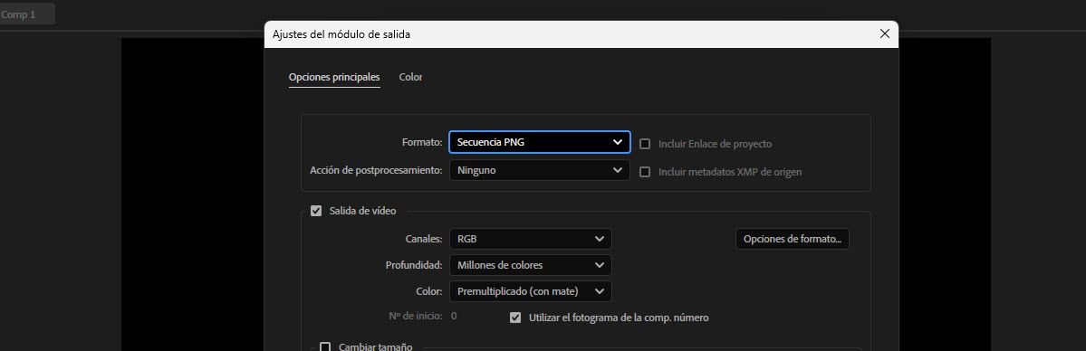 Configuración del módulo de salida con Formato establecido en Secuencia PNG y opciones de Salida de vídeo debajo.