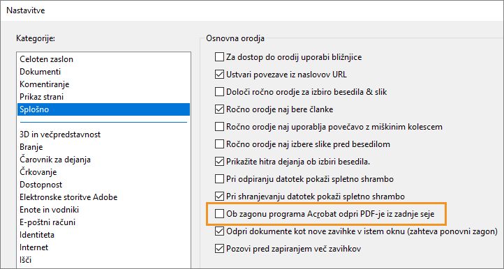 Nastavitev programa Acrobat, da ob zagonu ponovno odpre PDF-je iz zadnje seje