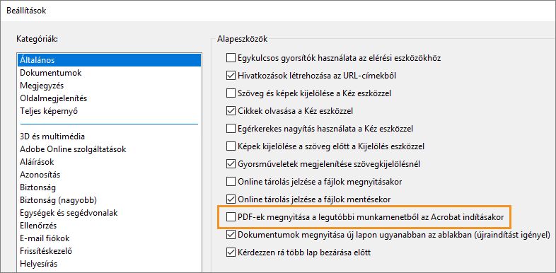 A legutóbbi munkamenet PDF dokumentumainak indításkor való újbóli megnyitásának beállítása az Acrobat programban