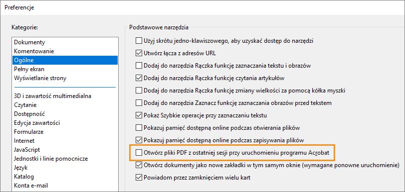 Skonfiguruj program Acrobat, aby podczas uruchomienia otwierano pliki PDF z poprzedniej sesji