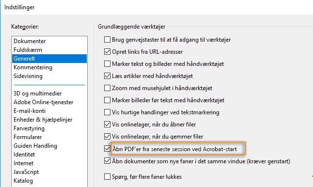 Indstil Acrobat til at genåbne PDFøer fra seneste session ved start