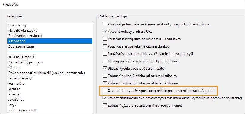 Nastaviť aplikáciu Acrobat na opätovné otvorenie súborov PDF z poslednej relácie pri spustení