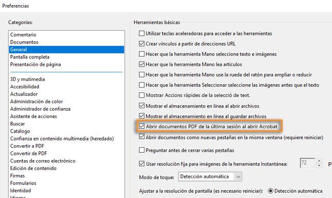 Configure Acrobat para reabrir documentos PDF desde la última sesión