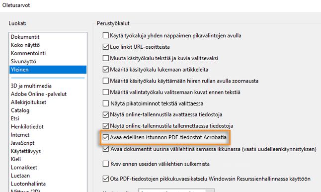 Määritä Acrobat avaamaan käynnistyksen yhteydessä uudelleen edellisen istunnon PDF-tiedostot.