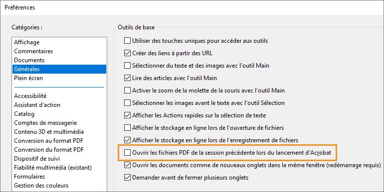 Paramétrer la réouverture des fichiers PDF de la dernière session Acrobat