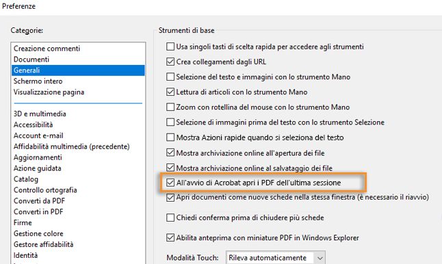 Imposta Acrobat in modo da riaprire i file PDF dall’ultima sessione all’avvio