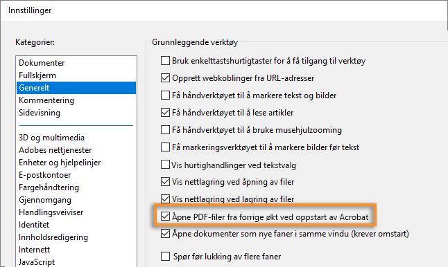 Angi at Acrobat skal gjenåpne PDF-filer fra forrige økt ved oppstart