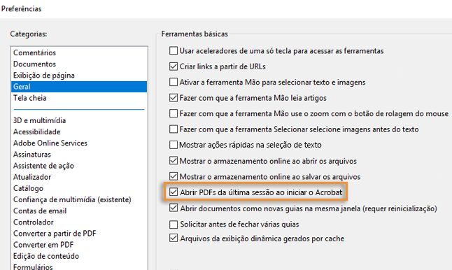 Definir o Acrobat para reabrir PDFs da última sessão na inicialização