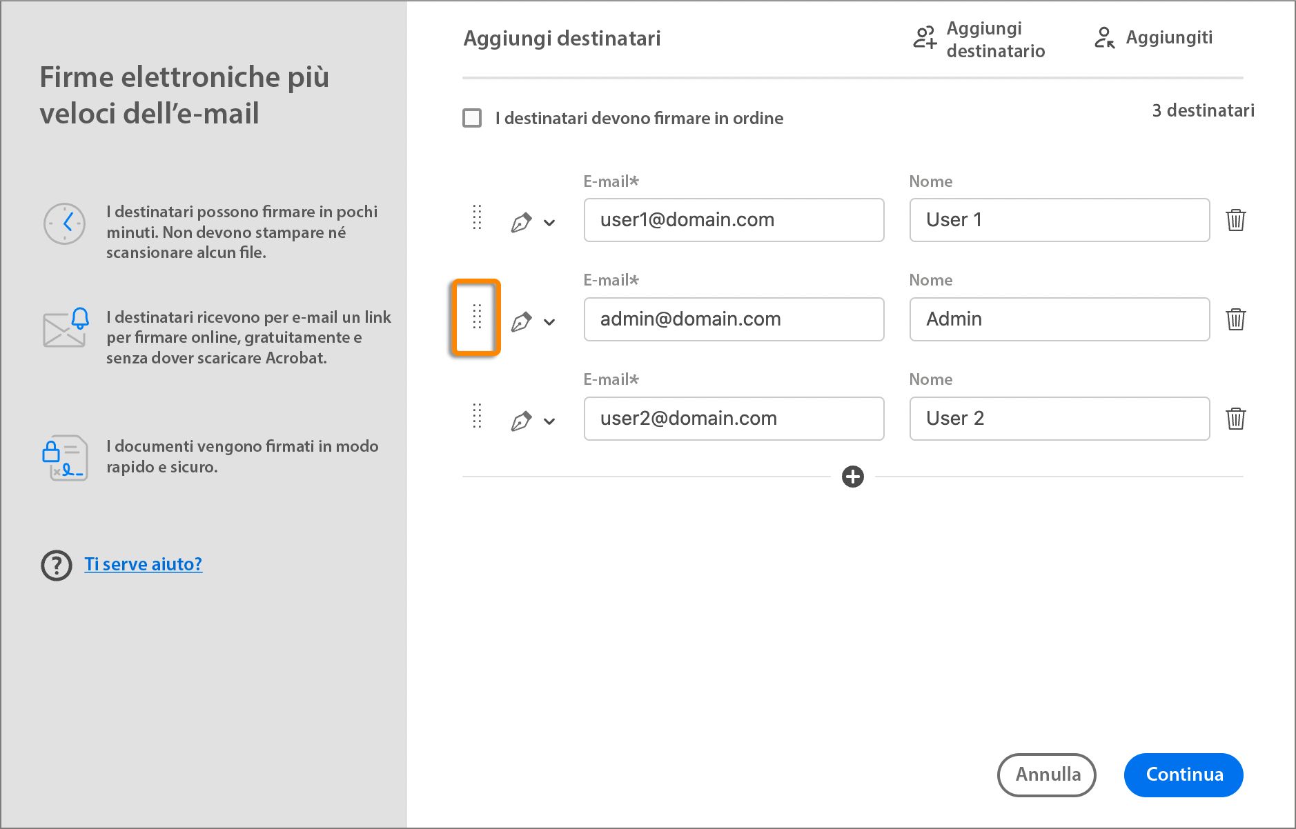 Riordinare l’elenco dei destinatari mediante trascinamento