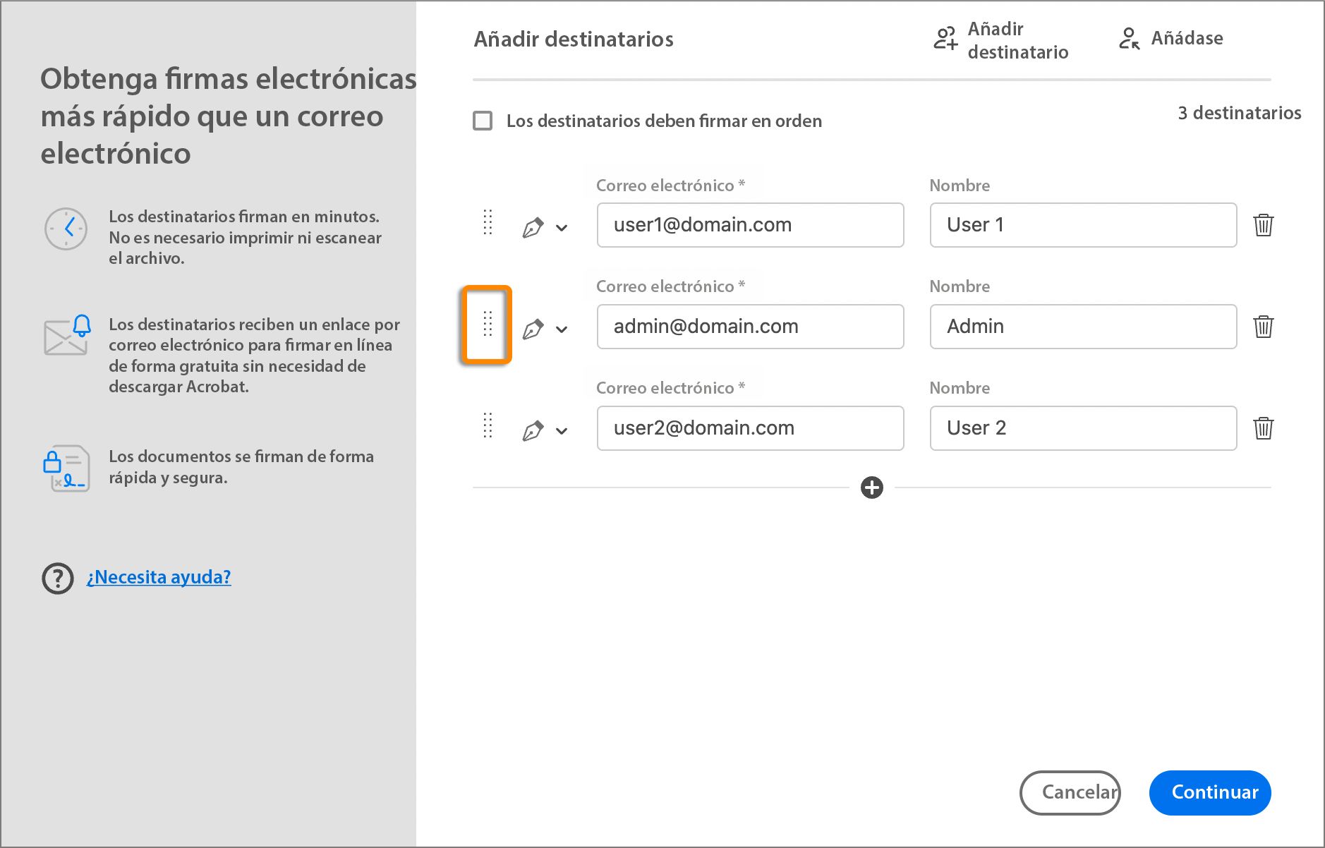 Reorganizar la lista de destinatarios arrastrando