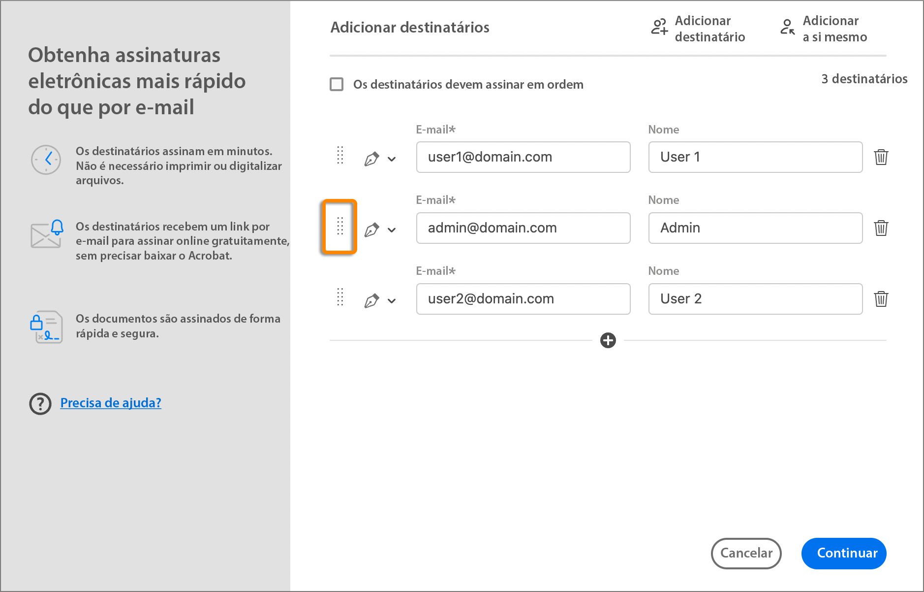 Arrastar para reorganizar a lista de destinatários