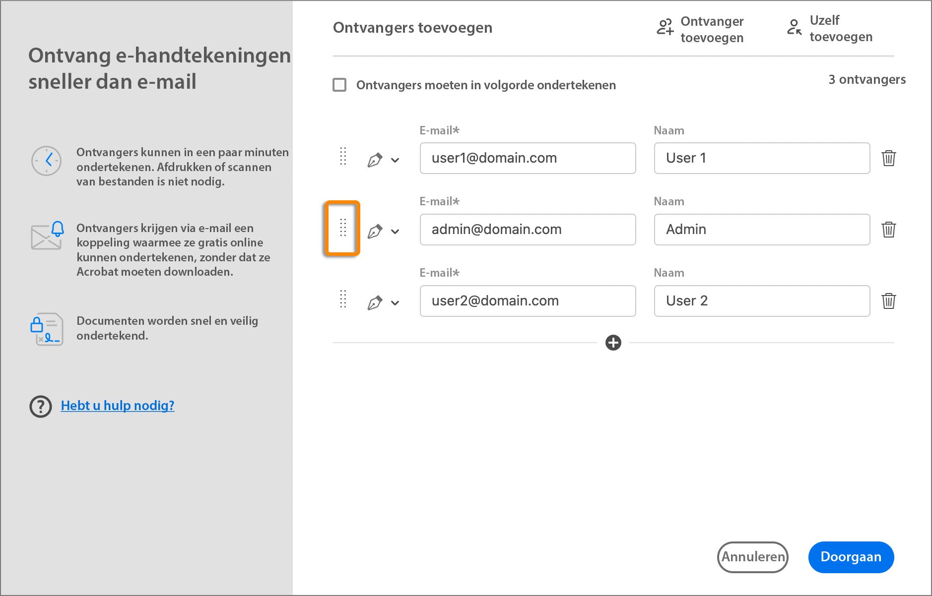Omordne mottakerlisten ved å dra