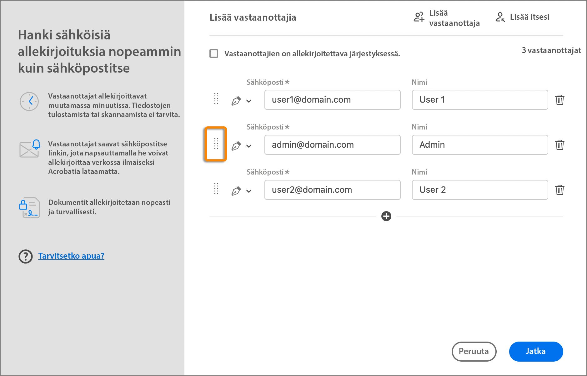 Järjestä vastaanottajaluettelo uudelleen vetämällä