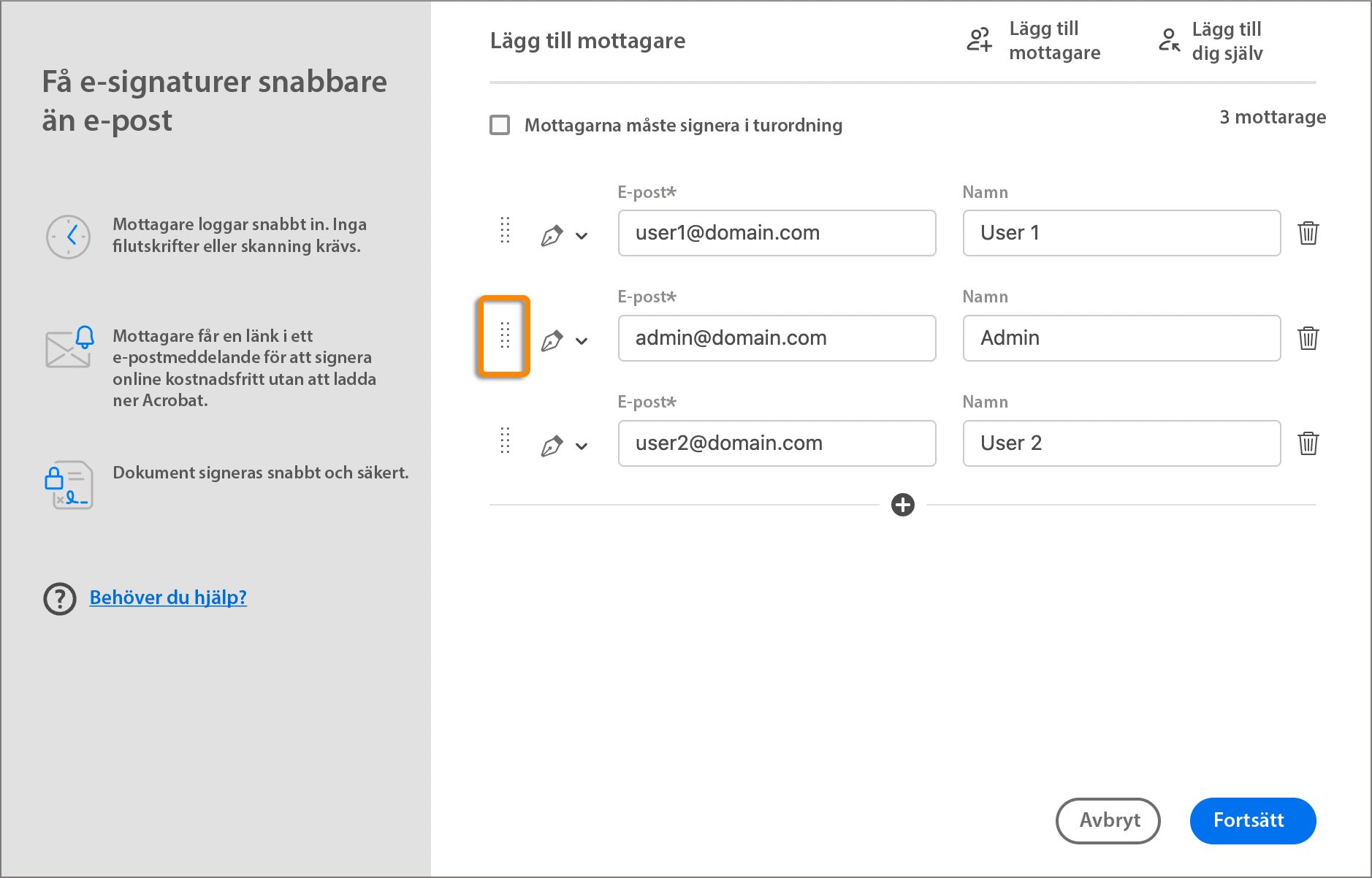 Ändra ordning i mottagarlistan genom att dra