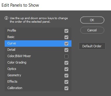 표시할 패널 편집 대화 상자에서 편집 패널 순서 변경