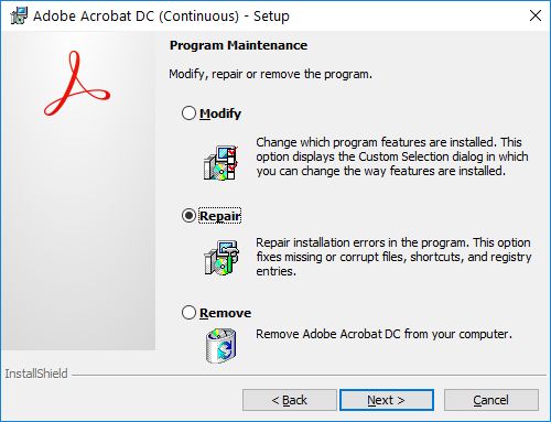 Reparation af Acrobat-installationen