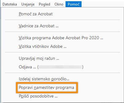 Popravilo namestitve Acrobat