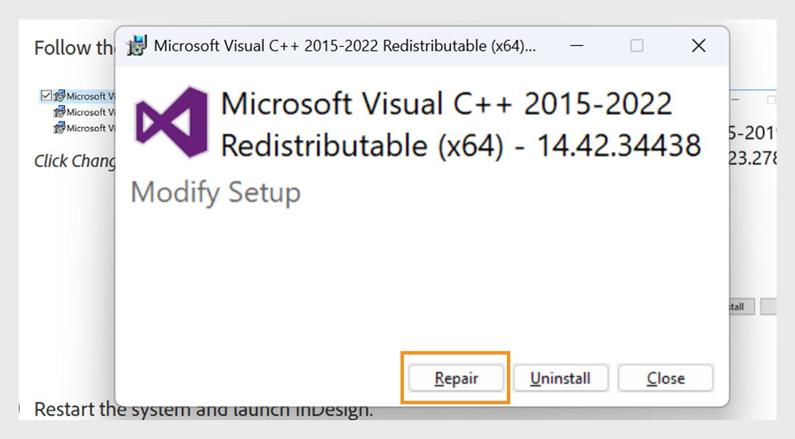 תיבת הדו-שיח Microsoft Visual C++ Redistributable Modify Setup עם הלחצן Repair מודגש.