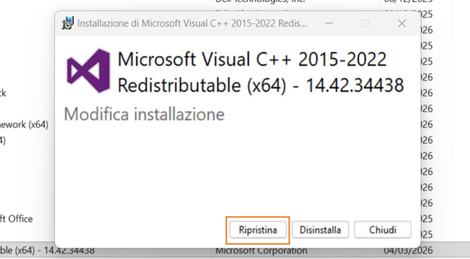 Finestra di dialogo Modifica installazione di Microsoft Visual C++ Redistributable con il pulsante Ripristina evidenziato.
