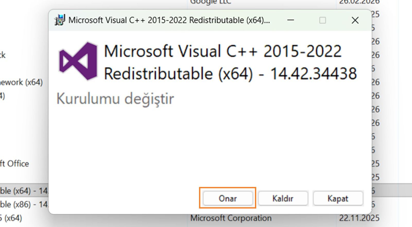 Onar düğmesi vurgulanmış Microsoft Visual C++ Redistributable Kurulum Değiştirme iletişim kutusu.