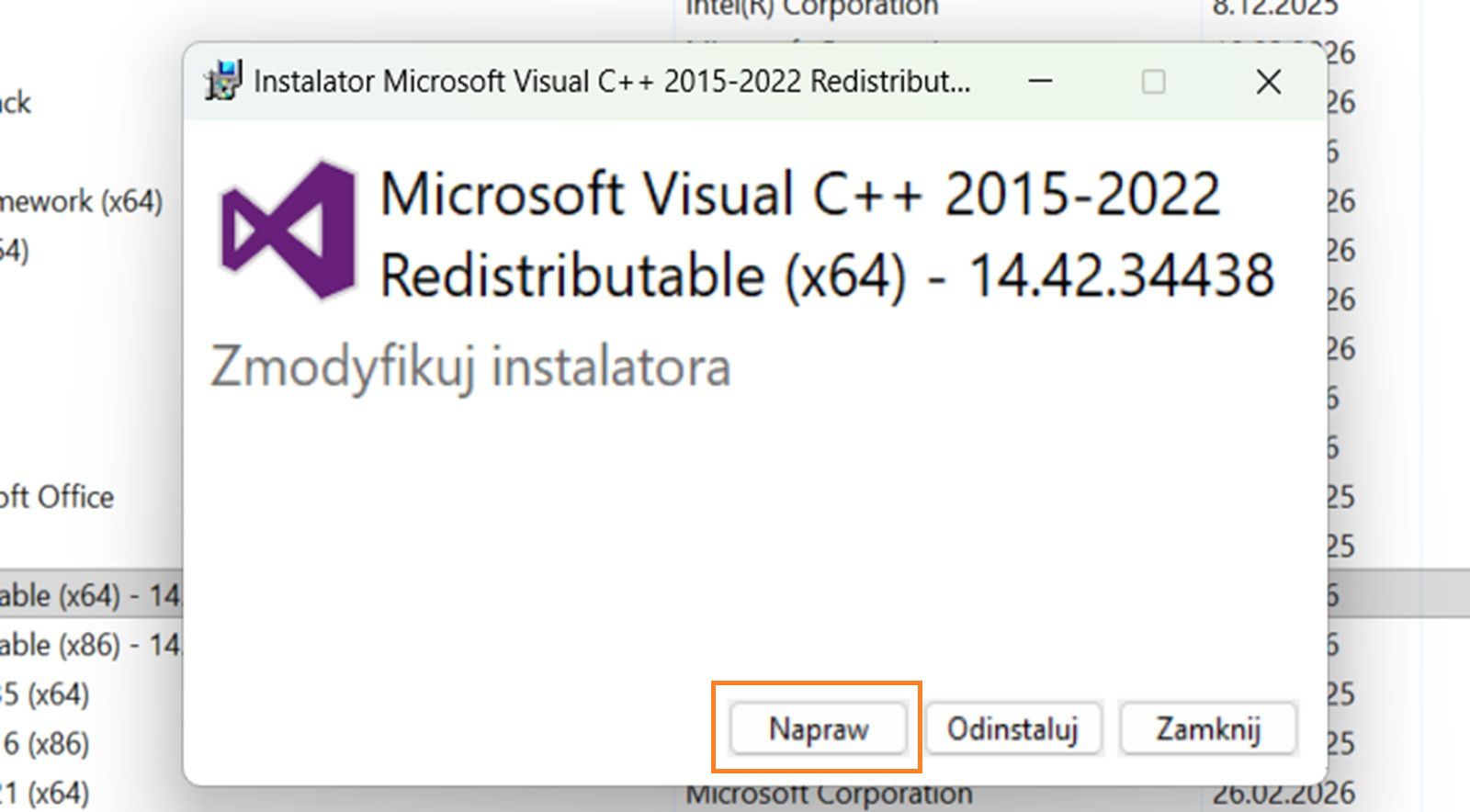 Okno dialogowe Modyfikuj konfigurację pakietu Microsoft Visual C++ Redistributable z podświetlonym przyciskiem Napraw.