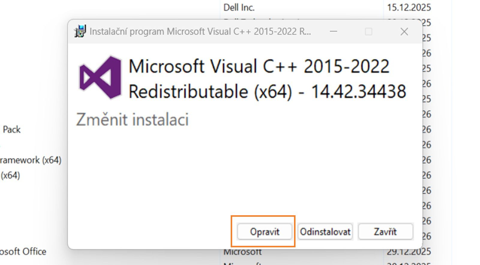 Dialogové okno Microsoft Visual C++ Redistributable Modify Setup se zvýrazněným tlačítkem Opravit.