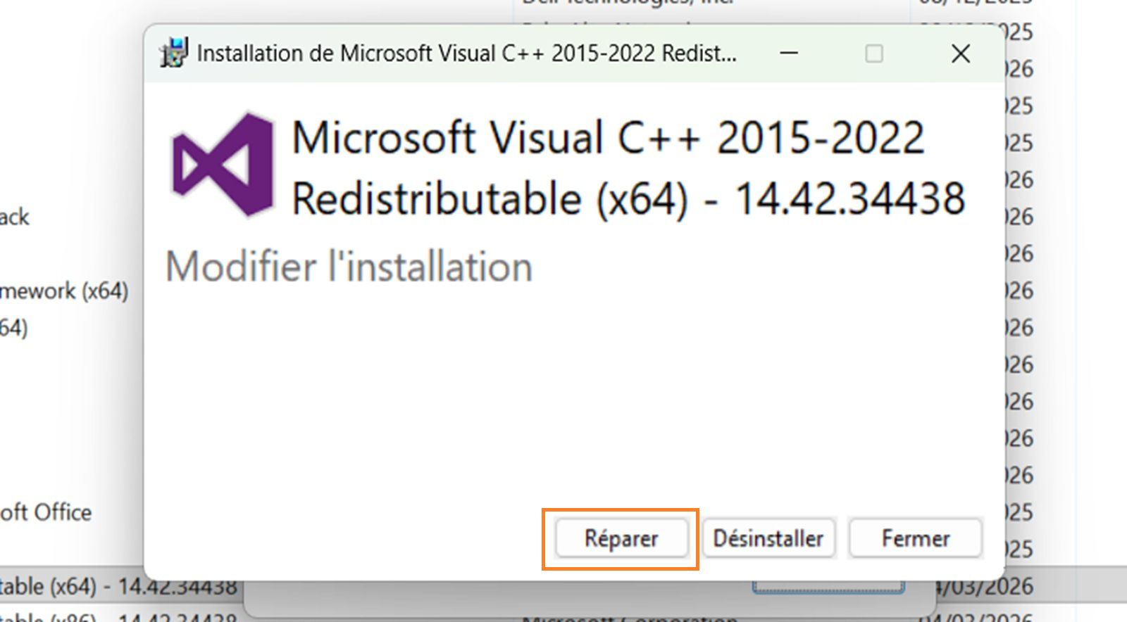 Boîte de dialogue Configuration de modification du package redistribuable Microsoft Visual C++ avec le bouton Réparer mis en surbrillance.