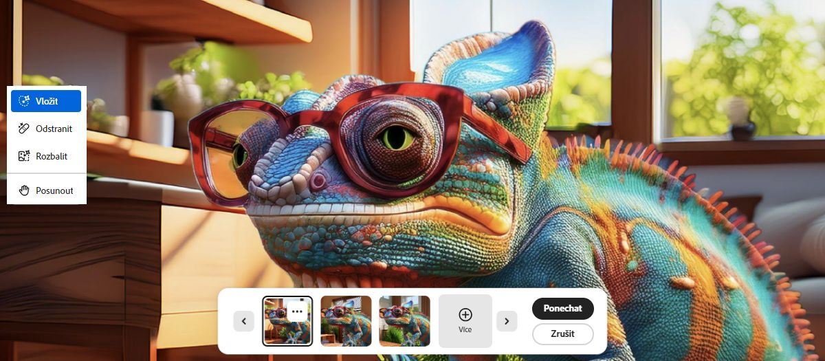 Barevný 3D chameleon s velkými červenými brýlemi na rozmazaném pozadí místnosti s dřevěným nábytkem a zelenými listy venku. Pod obrázkem jsou dvě další možnosti pro různá pozadí.