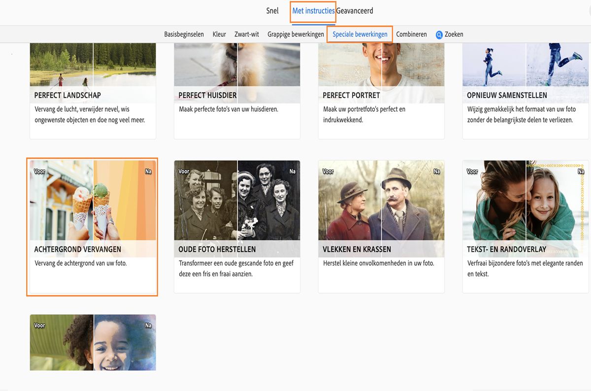 Onder Speciale bewerkingen in de modus Met instructies worden verschillende acties weergegeven. 