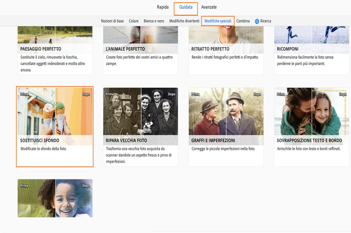 In Modifiche speciali nella modalità Guidata sono visualizzate diverse azioni. 
