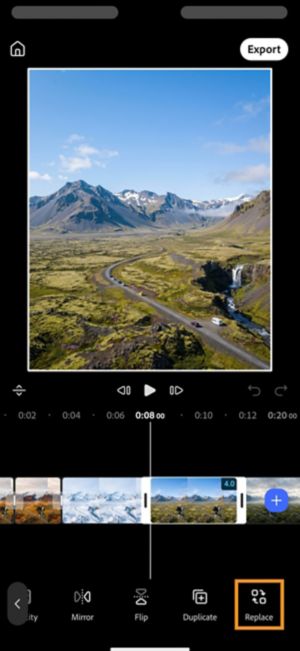 Selected video clip with the Replace button highlighted in the bottom toolbar.