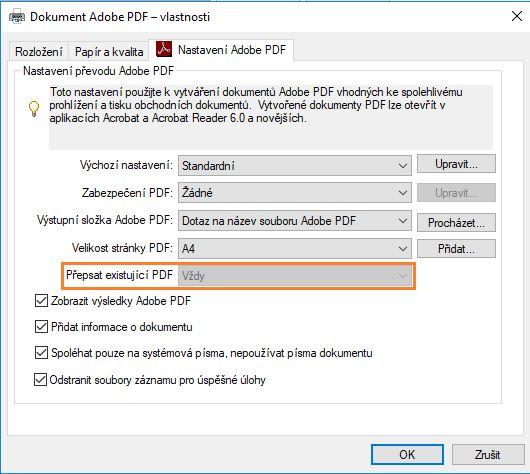 Dialogové okno nastavení tisku Adobe PDF