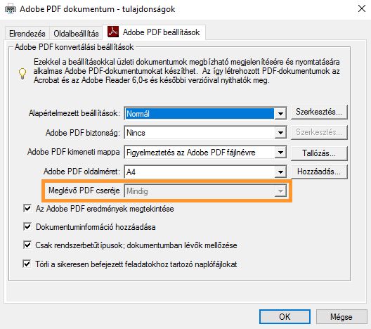 Az Adobe PDF nyomtatási beállítások párbeszédablak