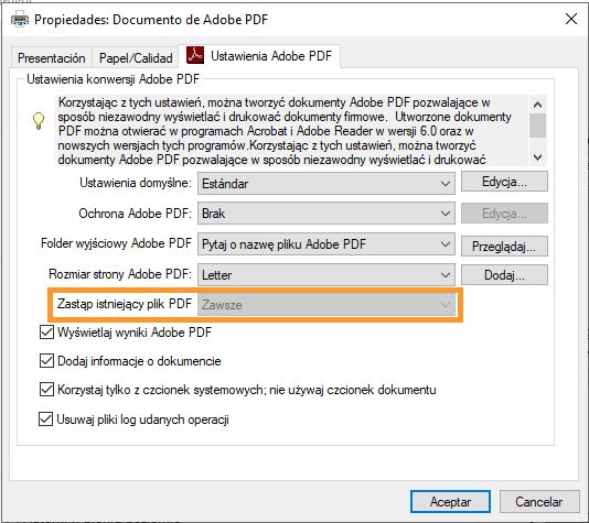 Okno dialogowe ustawień drukarki Adobe PDF