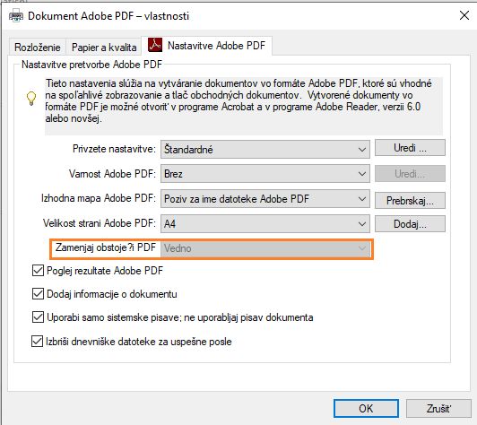 Pogovorno okno za nastavitve tiskanja Adobe PDF