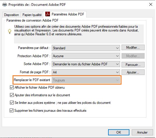 Boîte de dialogue des paramètres d’impression Adobe PDF