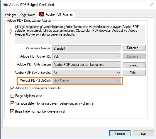 Adobe PDF yazdırma ayarları iletişim kutusu