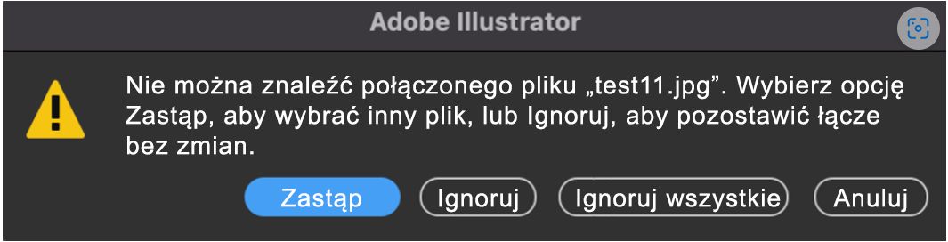 Nowy komunikat ostrzegawczy wyświetlany w przypadku brakujących łączy w dokumencie programu Illustrator.