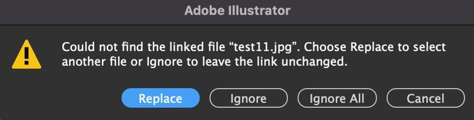 تظهر رسالة تحذير جديدة في حالة وجود روابط مفقودة في مستند Illustrator.