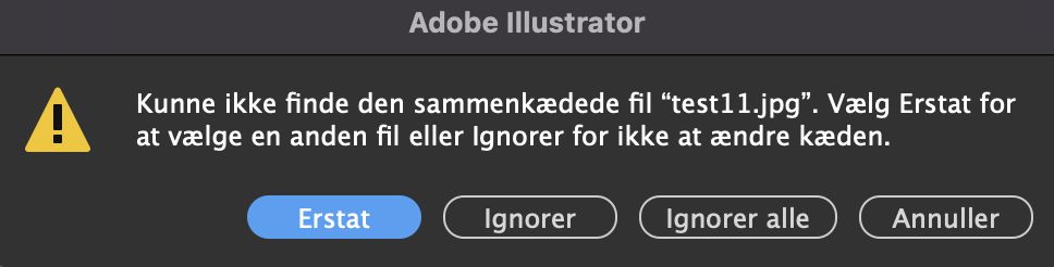 Ny advarselsmeddelelse, der vises, hvis der er manglende lænker i Illustrator-dokumentet.