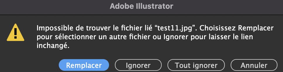 Nouveau message d’avertissement qui apparaît en cas de liens manquants dans le document Illustrator.