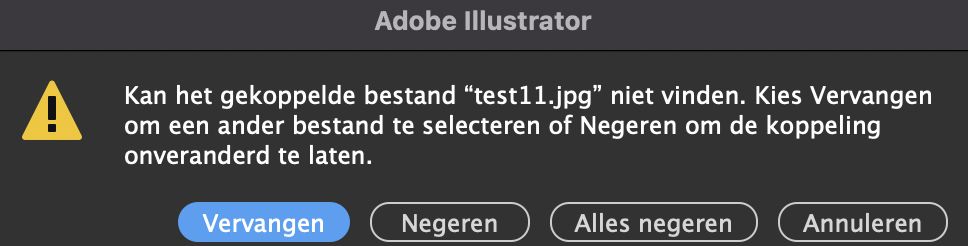 Nieuw waarschuwingsbericht dat verschijnt als er koppelingen ontbreken in het Illustrator-document.