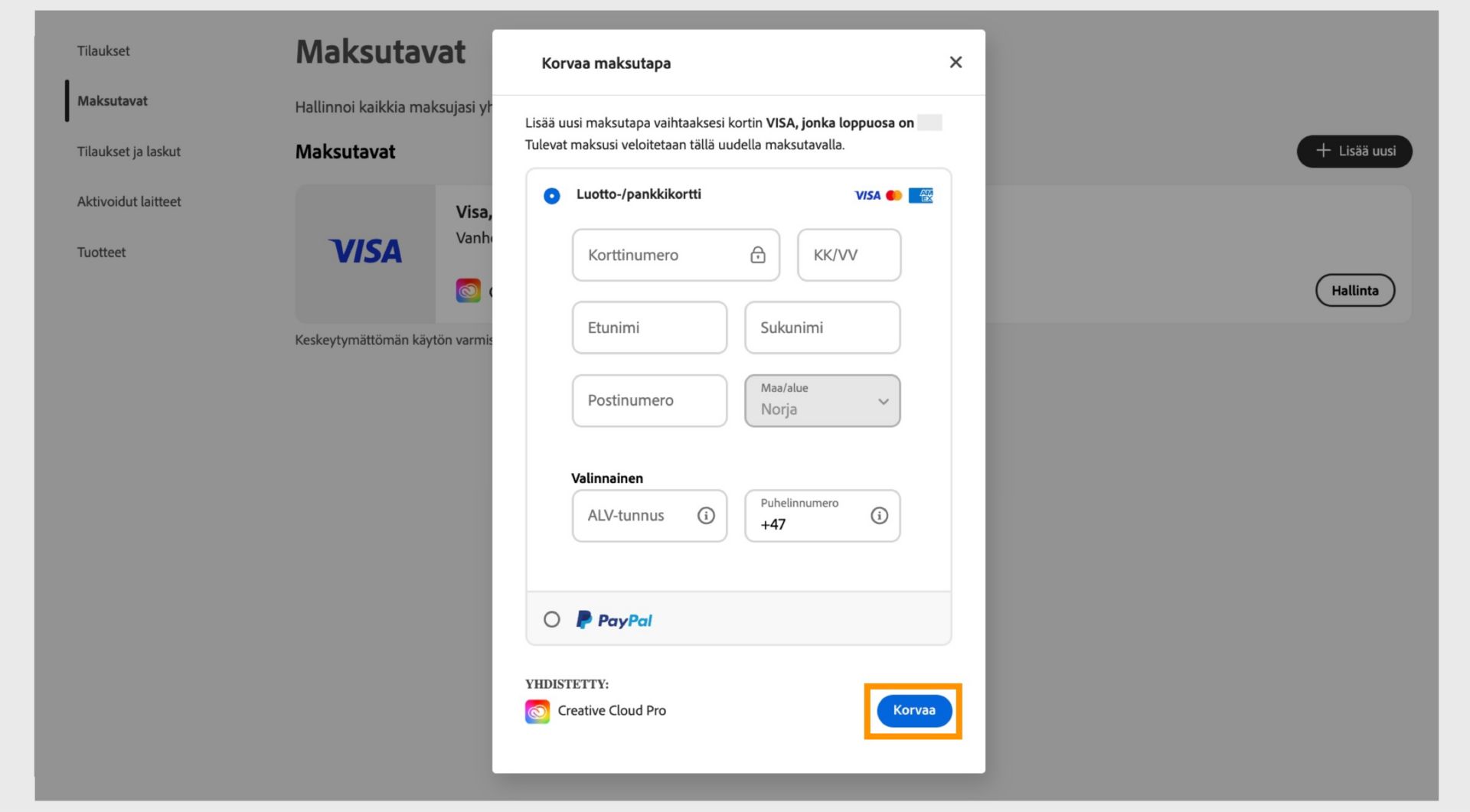 Korvaa maksutapa -ikkunassa voit korvata nykyisen maksutavan uudella maksutavalla, kun olet antanut uudet maksutiedot.