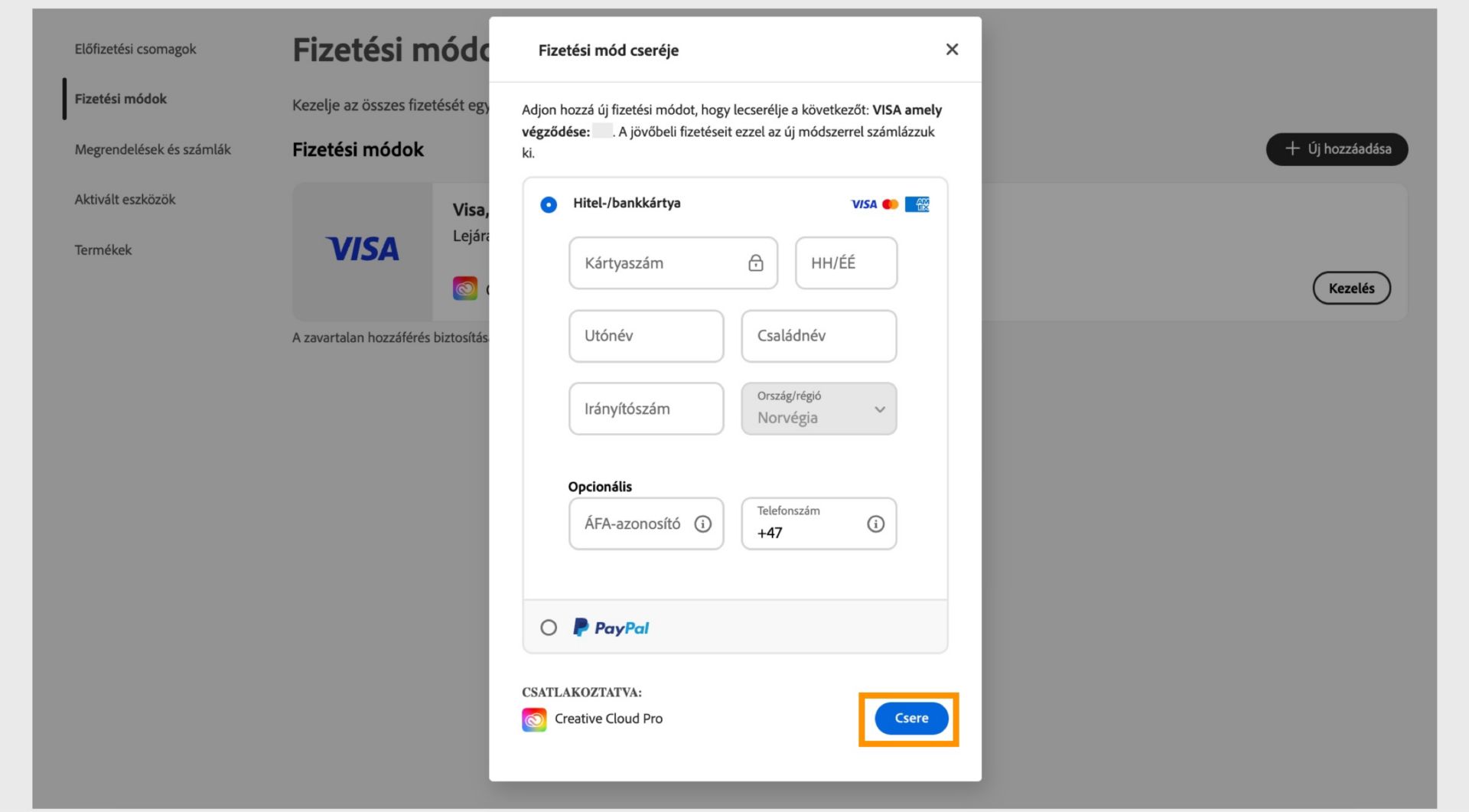 A Fizetési mód cseréje ablak lehetőséget biztosít a meglévő fizetési mód új módszerre cseréjére, miután megadta az új fizetési adatokat.