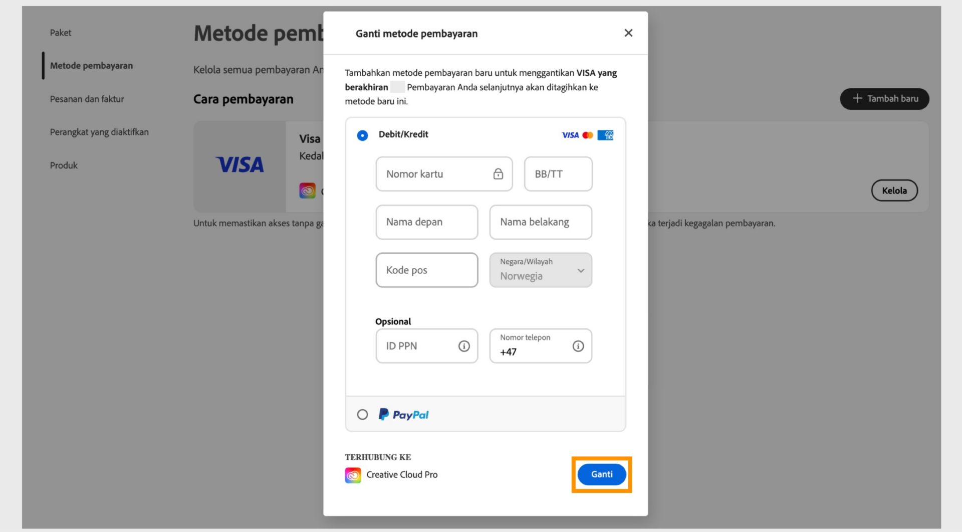 Jendela Ganti metode pembayaran menyediakan opsi untuk mengganti metode pembayaran yang ada dengan metode baru setelah Anda memasukkan informasi pembayaran baru.
